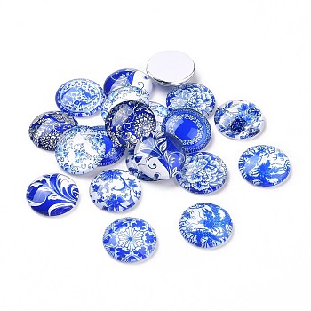 Blue and White Floral Printed Glass Flatback Cabochons, Half Round/Dome, Steel Blue, 20x6mm