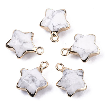Natural Howlite Pendants, with Light Gold Plated Edge and Brass Loop, Star, Faceted, 16~17x13x6.5mm, Hole: 1.6mm