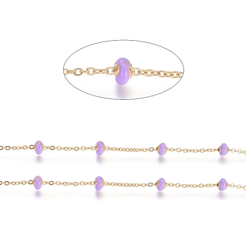 Stainless Steel Satellite Chains, with Enamel Beads and Spool, Soldered, Long-Lasting Plated, Flat Round, Golden, Lilac, 1.5x1.2x0.3mm, about 32.8 Feet(10m)/roll