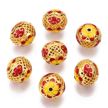 Hollow Alloy Beads, with Enamel, Rondelle with Flower, Matte Gold Color, Yellow, 14x13mm, Hole: 2.5mm