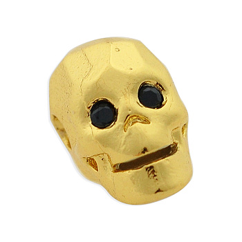 Brass Micro Pave Cubic Zirconia Beads, Skull, Light Gold, 9x9.5x7.5mm, Hole: 2mm, 3pcs/bag