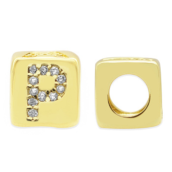 Brass Micro Pave Clear Cubic Zirconia European Beads, Cube with Letter, Letter.P, 8.5x8.5x8.5mm, Hole: 5mm, 3pcs/bag