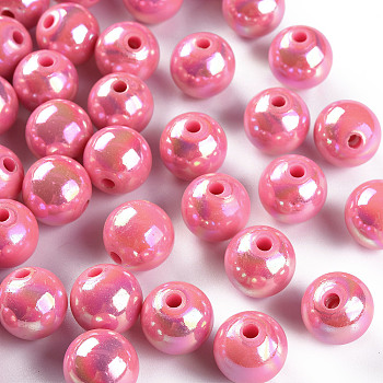 Opaque Acrylic Beads, AB Color Plated, Round, Hot Pink, 12x11mm, Hole: 2.5mm