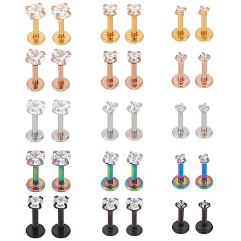 30Pcs 15 Style Cubic Zirconia Lip Rings, Titanium Steel Flat Back Studs Tragus Cartilage Lip Piercing Jewelry, Mixed Color, 8.5~9.5x4mm, 2pcs/style