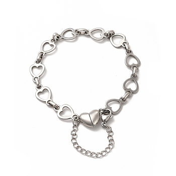304 Stainless Steel Heart Link Chain Bracelets for Women, with Magnetic Clasps, Stainless Steel Color, 7-7/8 inch(20cm)