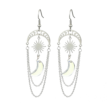 Moon & Sun Alloy Chandelier Earrings, Glass Long Drop Earrings, Platinum, 79.5x22mm