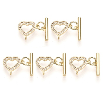 5Pcs Brass Micro Pave Clear Cubic Zirconia Toggle Clasps, with Jump Rings, Nickel Free, Heart, Golden, Heart: 12x12.5x1.5mm, Hole: 1mm, Bar: 15x2mm, Hole: 1mm, Jump Ring: 5x0.8mm, 3mm Inner Diameter