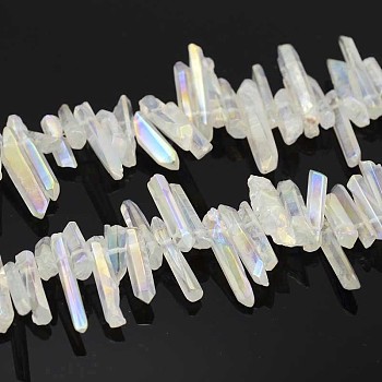 Natural Electroplated Quartz Crystal Beads Strands, Nuggets, AB Color Plated, Size: about 5~10mm wide, 15~40mm long, 4~8mm thick, hole: 1mm, 15 inch