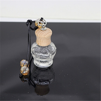 Empty Glass Perfume Bottle Pendants, Aromatherapy Fragrance Essential Oil Diffuser Bottle, with Coffee Color Cord, Car Hanging Decor, with Wood Lid, Crown, 5x3.5cm