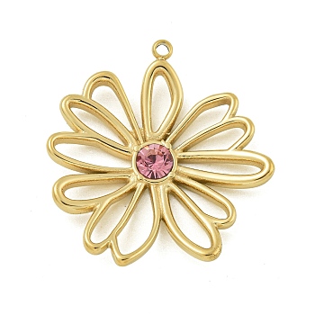 304 Stainless Steel Pendants, with Rhinestone, Hollow Flower Charm, Real 14K Gold Plated, Rose, 28x26x4mm, Hole: 1.4mm