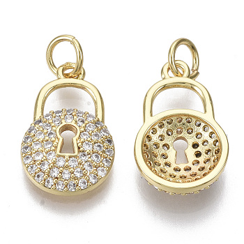 Brass Micro Pave Cubic Zirconia Pendants, with Jump Rings, Nickel Free, Lock, Clear, Real 16K Gold Plated, 16x10x3mm, Hole: 3mm