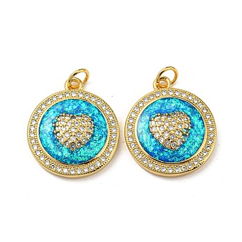 Valentine's Day Brass Micro Pave Cubic Zirconia with Synthetic Opal Pendants, with Jump Ring, Flat Round, Real 18K Gold Plated, 20.5x18x4.5mm