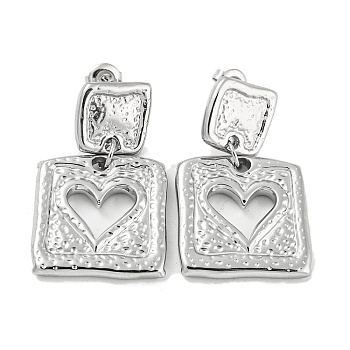 304 Stainless Steel Dangle Stud Earrings, Square with Heart, Stainless Steel Color, 39x23.5mm