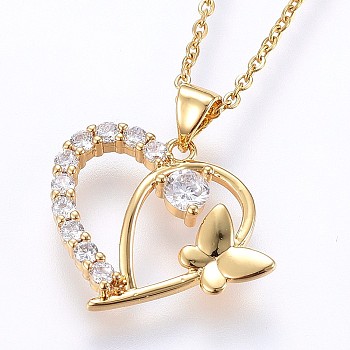 304 Stainless Steel Pendant Necklaces, with Cubic Zirconia, Heart with Butterfly, Golden, 17.71 inch(45cm), Pendant: 24.5x23x3mm