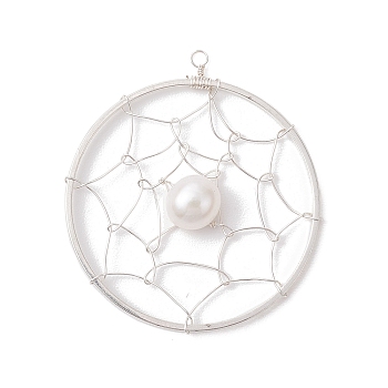 Natural Cultured Freshwater Pearl Pendants, Flat Round Brass Web/Net Charms, Silver, 40x35.5x6mm, Hole: 2mm