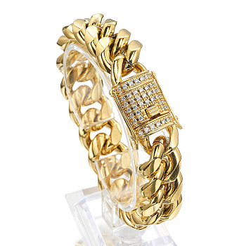 Stainless Steel Curb Chain Bracelet with Rhinestone Clasps, Golden, 7-1/8 inch(18cm)