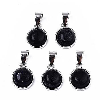 Synthetic Blue Goldstone Pendants, with Platinum Tone Brass Settings and Platinum Tone Iron Snap on Bails, Half Round/Dome, 15.5x12x6mm, Hole: 5x7mm