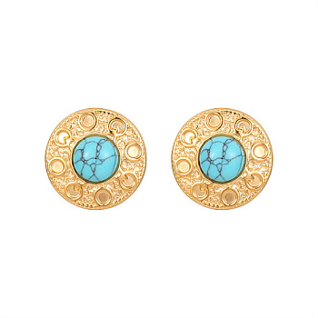 Synthetic Turquoise Flat Round Stud Earrings, Golden 304 Stainless Steel Earrings, 22mm