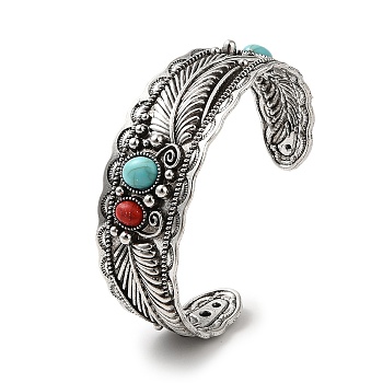 Tibetan Style Alloy Cuff Bangles, Bohemian Style Feather Bangle for Women, with Imitation Turquoise, Antique Silver, 5/8~1-1/8 inch(1.5~2.7cm), Inner Diameter: 2-5/8 inch(6.74cm)
