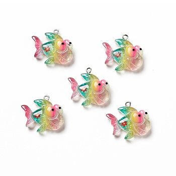 Ocean Theme Transparent Resin Pendants, with Glitter Powder and Platinum Tone Iron Loops, Sea Animal Charm, Colorful, Fish Pattern, 23x26x9mm, Hole: 2mm
