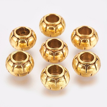 Alloy European Beads, Tibetan Style, Lead Free and Cadmium Free, Antique Golden, Rondelle, about 11.5mm long, 8.5mm wide, hole: 5mm