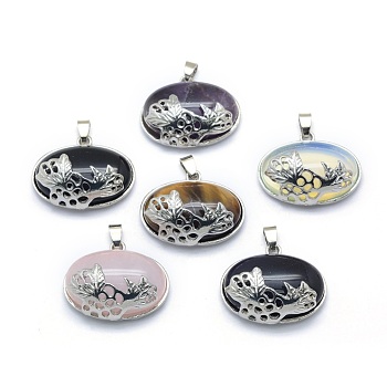 Natural & Synthetic Mixed Stone Pendants, with Alloy Findings, Oval, Platinum, 26.5x32x12mm, Hole: 4.5x5mm