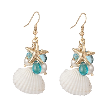 Shell Pearl & Glass & Starfish Cluster Dangle Earrings, Golden Brass Jewelry for Women, White, 53mm, Pin: 0.6mm