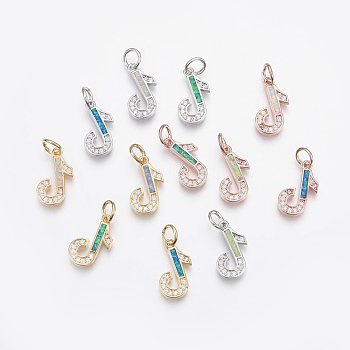 Brass Micro Pave Cubic Zirconia Pendants, with Synthetic Opal, Musical Note, Mixed Color, 22.5mm, Hole: 4.5mm