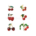 6Pcs 6 Styles 3D Resin Cherry Brooch Pin with Rhinestone, Golden Alloy Badge for Backpack Clothes, Mixed Color, 23~37x24.5~42mm, 1pc/style(JEWB-CJ0001-32)