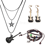Jewely Kits, 1Pc Cowhide Multi-strand Bracelets, 1Pc Gothic Alloy Star Guitar Pendant Imitation Leather Cord 3 Layer Necklaces, 1 Pair Alloy Dangle Earrings, Mixed Color, 440mm(SJEW-CL0001-05)