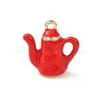 Brass Enamel Pendants, Teapot Charms, Golden, Red, 15x16x7mm, Hole: 1.5mm(KK-CBA260B-10G)