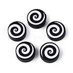 Spray Painted Schima Wood Beads, Printed Beads, Flat Round, Black, 19.5~20x6.5~7mm, Hole: 2mm(WOOD-T032-45B)