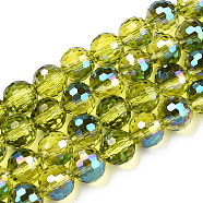 Transparent Electroplate Glass Bead Strands, AB Color Plated, Faceted(96 Facets), Round, Yellow Green, 8mm, Hole: 1.4mm, about 70pcs/strand, 19.88 inch~20.67 inch(50.5~52.5cm)(EGLA-TAC0003-04G)