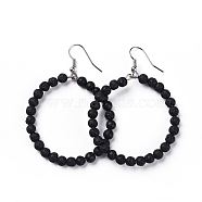 Natural Lava Rock Dangle Earrings, with Stainless Steel Hook, Ring, 60~61x44mm, Pin: 0.6mm(EJEW-K077-A08)