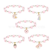 Pink Acrylic & Synthetic Hematite Beaded Stretch Bracelet with Alloy Enamel Charms for Women, Mixed Patterns, Inner Diameter: 2 inch(5.2cm)(BJEW-JB08726)