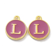 Golden Plated Alloy Enamel Charms, Cadmium Free & Lead Free, Enamelled Sequins, Flamingo, Flat Round with Letter, Letter.L, 14x12x2mm, Hole: 1.4mm(ENAM-XCP0001-13L)