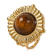 Round Natural Tiger Eye Finger Rings, Golden Tone 304 Stainless Steel Cuff Rings for Women, 21mm, Inner Diameter: Adjustable(RJEW-Q822-20G-01)