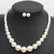 Alloy with ABS Plastic Pearl Round Beaded Necklaces & Stud Earrings Sets for Women, Golden, 455mm(WG13E8D-03)