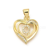 Rack Plating Brass Micro Pave Cubic Zirconia Pendants, Long-Lasting Plated, Lead Free & Cadmium Free,Real 18K Gold Plated, Heart with Letter Charms, Letter Q, 17.5x15x2.5mm, Hole: 5x3mm(KK-L226-101G-Q)