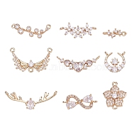 18Pcs 9 Style Brass Micro Pave Clear Cubic Zirconia Links Connectors, Long-Lasting Plated, Infinity & Heart & Flower & Round & Moon & Wing & Deer Horn, Light Gold, 2pcs/style(KK-SK0001-01)