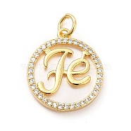 Rack Plating Brass Micro Pave Cubic Zirconia Pendants, with Natural Shell & Jump Rings, Flat Round with Word Fe Charm, Long-Lasting Plated, Cadmium Free & Lead Free, Real 18K Gold Plated, 17.5x15x2.5mm, Hole: 3mm(KK-K270-10G)