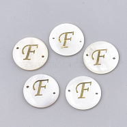 Freshwater Shell Links connectors, with Brass Findings, Flat Round, Golden, Letter.F, 20~21x3mm, Hole: 1.2mm(SHEL-S274-22F-G)