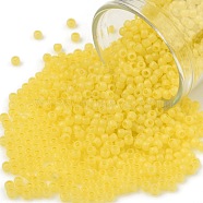 TOHO Round Seed Beads, Japanese Seed Beads, Frosted, (902F) Canary Yellow Pearl Matte, 11/0, 2.2mm, Hole: 0.8mm, about 1110pcs/bottle, 10g/bottle(SEED-JPTR11-0902F)