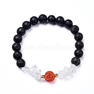 Stretch Bracelets, with Natural Lava Rock Round Beads & Quartz Crystal Chips Beads, Brass Beads and Rhinestone Pave Disco Ball Beads, Hyacinth, Inner Diameter: 2 inch(5.2cm)(BJEW-JB05312-02)