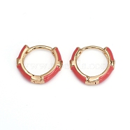 Brass Micro Pave Clear Cubic Zirconia Huggie Hoop Earrings, with Enamel, Red, 16x3mm, Pin: 1mm(EJEW-I240-02C)