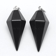 Natural Obsidian Pointed Pendants, with Brass Findings, Bullet, Platinum, 38.5x16x14.5mm, Hole: 5x8mm(KK-E757-F-16P)