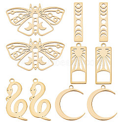 10Pcs 5 Style304 Stainless Steel Pendants, Butterfly & Snake & Moon, Real 18K Gold Plated, 24.5~29.5x6~44.5x1.5mm, Hole: 1.8~2mm, 2pcs/style(STAS-BBC0001-41)