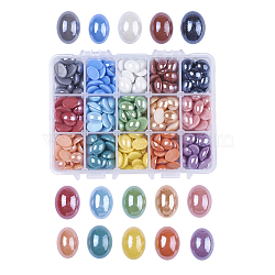 15 Colors Pearlized Plated Handmade Porcelain Cabochons, Oval, Mixed Color, 13x10x5mm, about 25~27pcs/compartment, 375~405pcs/box(PORC-JP0001-05-A)