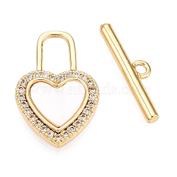 Brass Micro Pave Clear Cubic Zirconia Toggle Clasps, with Shell, Heart, Real 18K Gold Plated, 18.5x12x2mm, Hole: 6.5x3.5mm, Bar: 4.5x16.5x2mm, Hole: 1.4mm(KK-N254-146G)