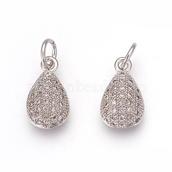 Brass Pendants, with Micro Pave Cubic Zirconia, teardrop, Clear, Platinum, 12x7.5x3.5mm, Hole: 3.5mm(KK-O120-03P)